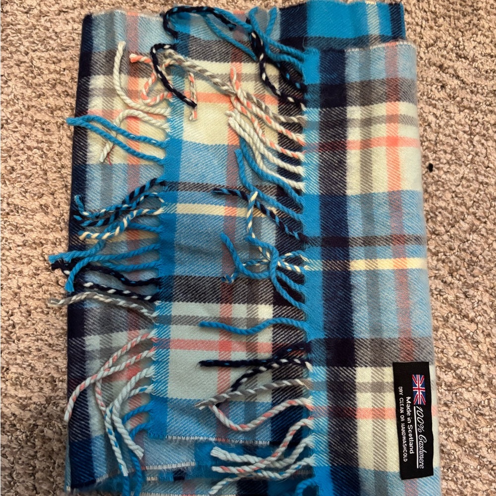 100% Cashmere blue plaid scarf
